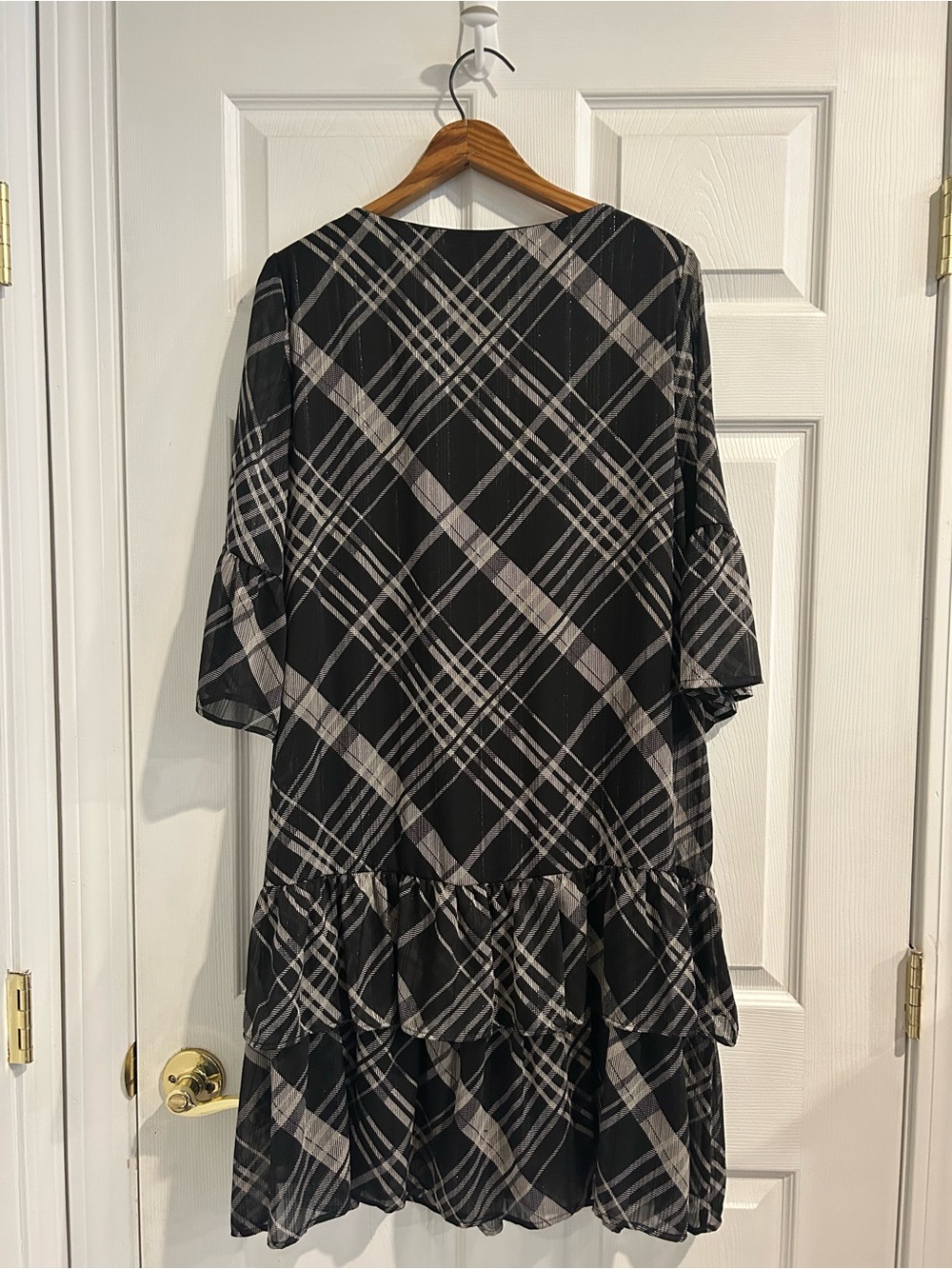 R&M Richards Black and Gray Plaid Ruffle-Hem Midi Dress